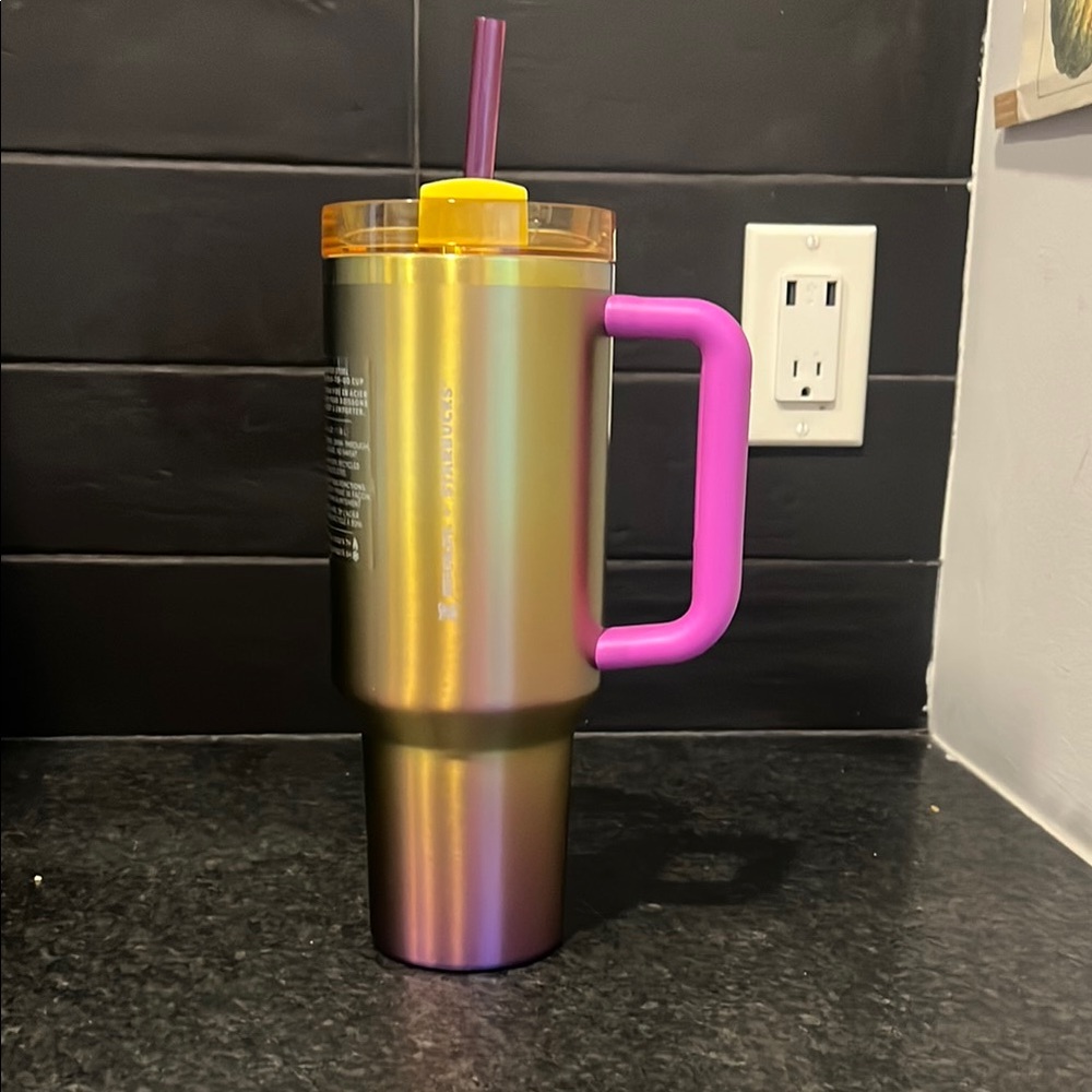 Stanley Starbucks Gold Tumbler with Pink Handle